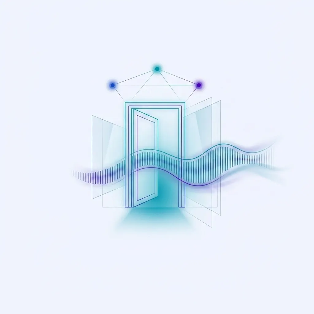 A doorway with a voice waveform flowing out of it