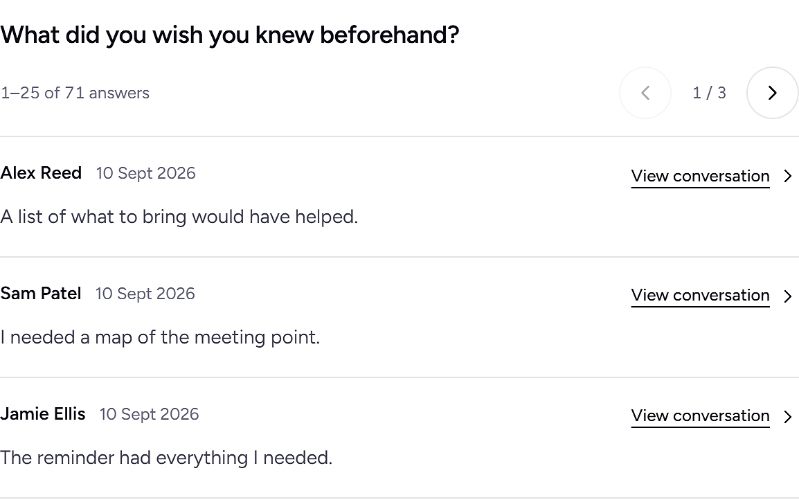 Sample results: three answers to one question, each linked to its full conversation.